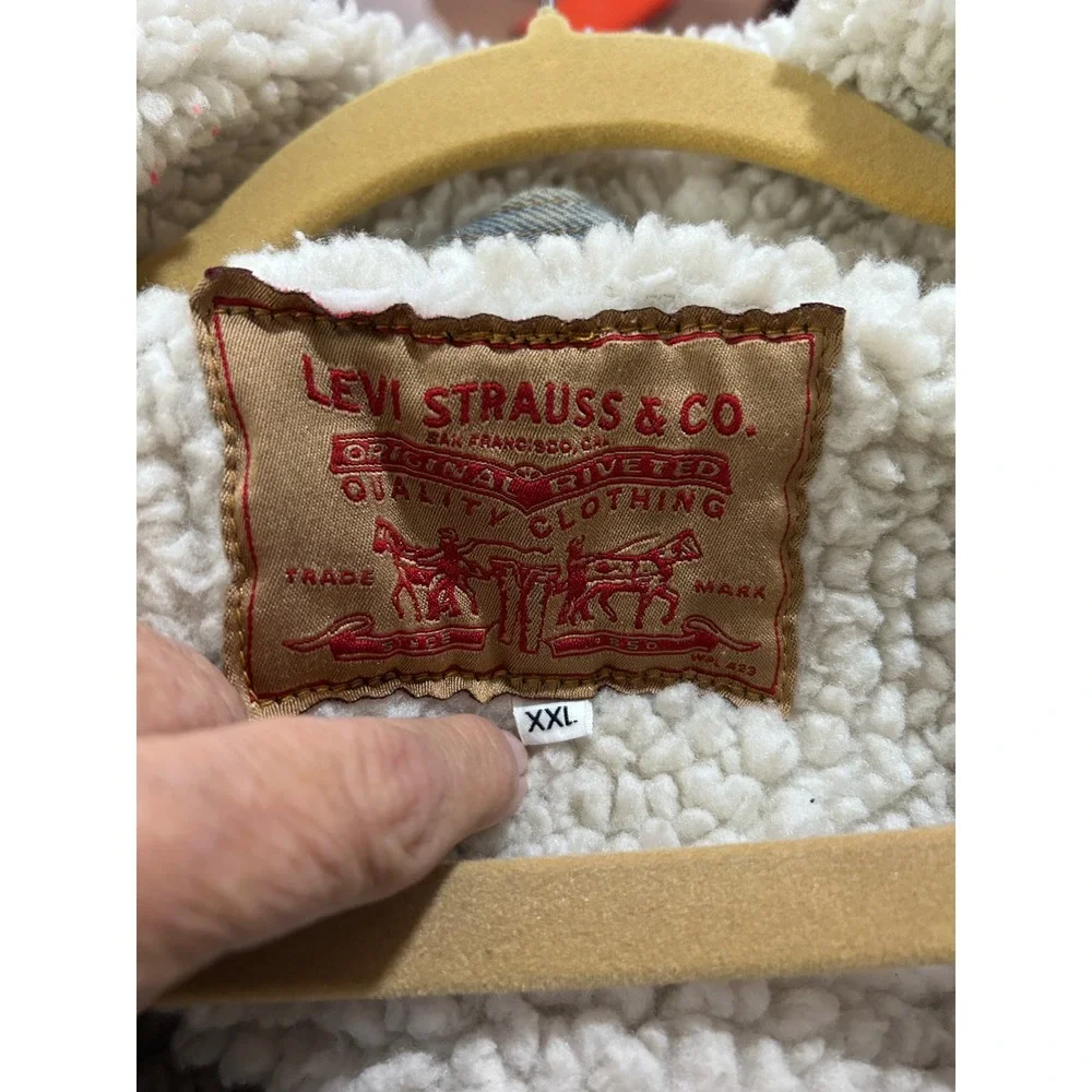 Levi Strauss Co Denim Sherpa Lined Trucker Jacket Men's Size XXL Blue Distressed - Picture 4 of 4